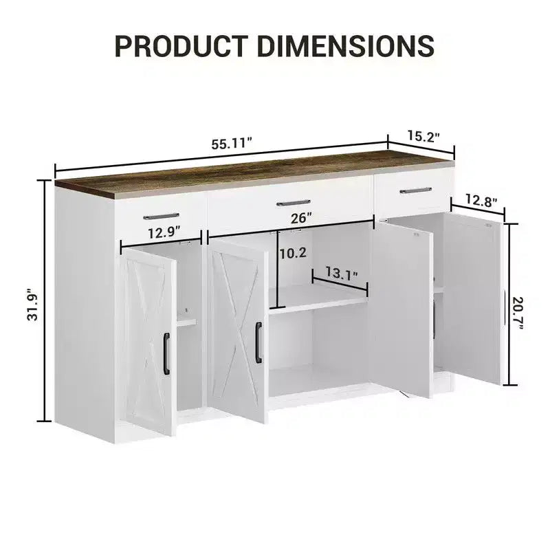 Credenza a buffet Coolmee con cassetti, 55 pollici, mobile credenza grande per caffè in legno con ripiani e ante per cucina e sala da pranzo
