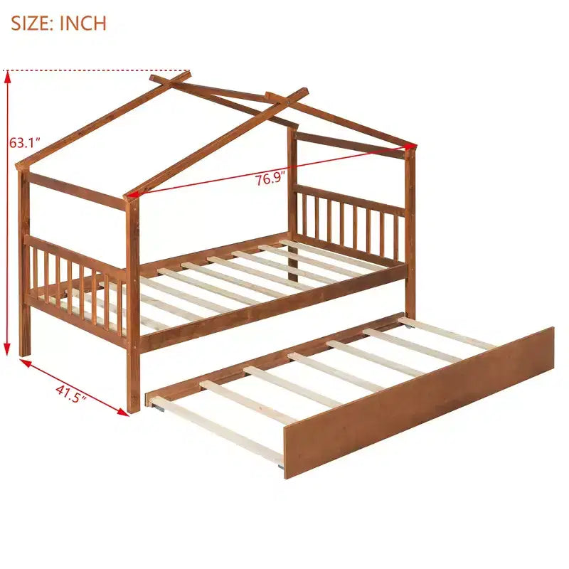 Bellemave Struttura Letto a Casetta in Legno per Bambini, con Tetto e Letto Estraibile, Noce