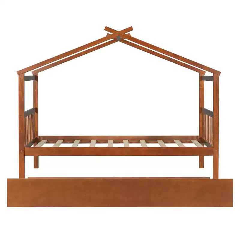 Bellemave Struttura Letto a Casetta in Legno per Bambini, con Tetto e Letto Estraibile, Noce