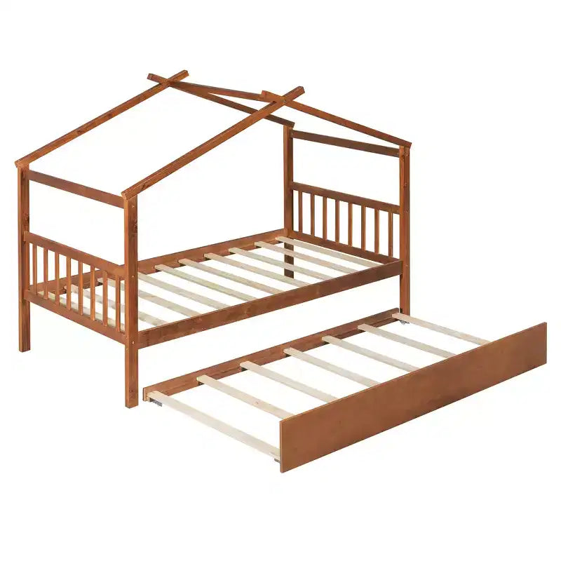 Bellemave Struttura Letto a Casetta in Legno per Bambini, con Tetto e Letto Estraibile, Noce