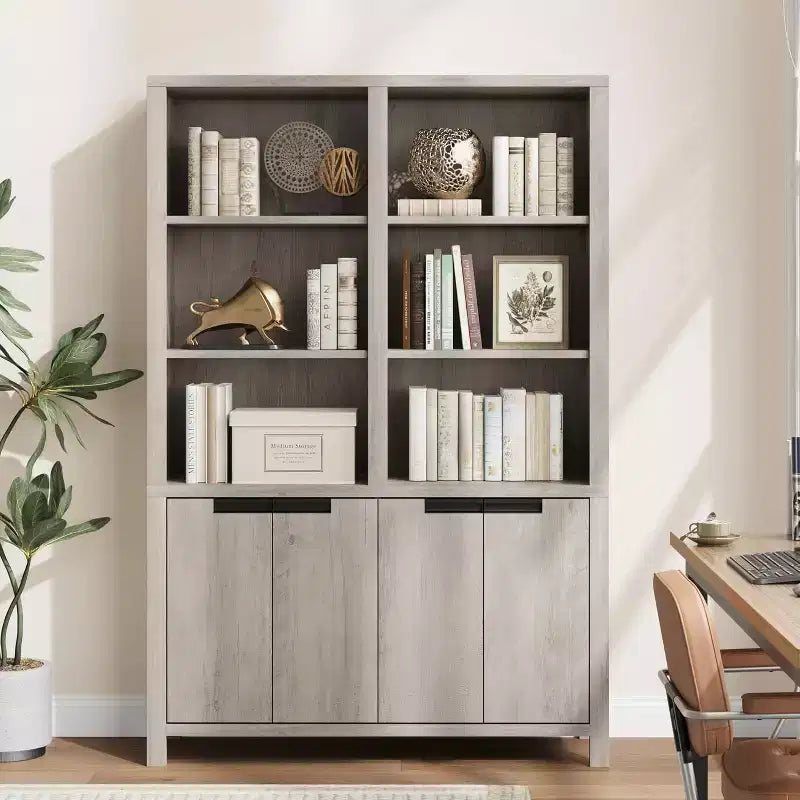 Libreria Alta 179,5 cm, Scaffale a 5 Ripiani a Doppia Larghezza con Armadietti e Doppio Spazio di Archiviazione, Libreria in Legno per Soggiorno Ufficio Biblioteca