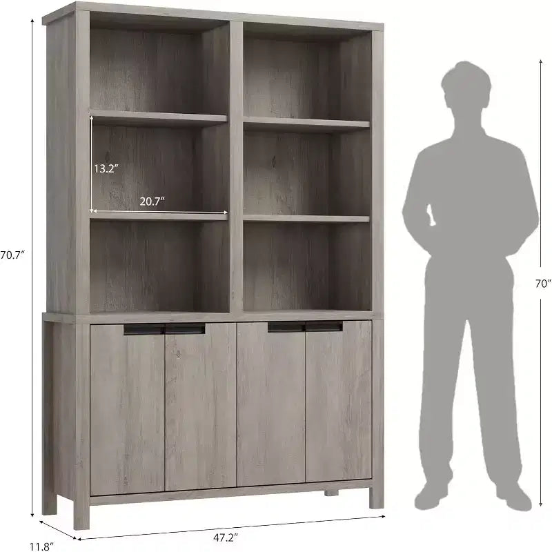 Libreria Alta 179,5 cm, Scaffale a 5 Ripiani a Doppia Larghezza con Armadietti e Doppio Spazio di Archiviazione, Libreria in Legno per Soggiorno Ufficio Biblioteca