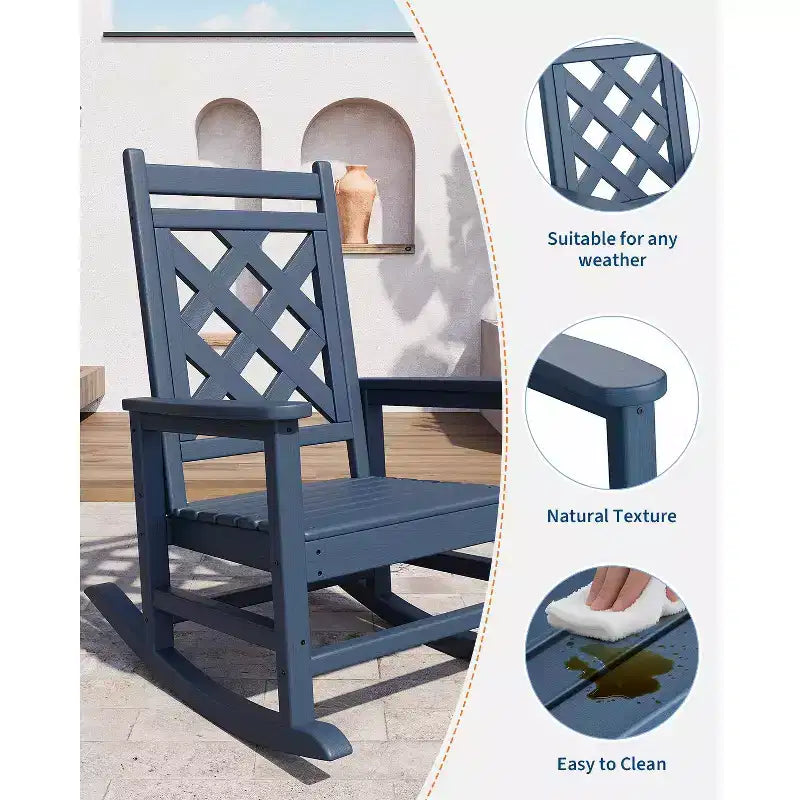Sedia a dondolo da esterno, sedia a dondolo per patio in HDPE resistente alle intemperie con texture effetto legno e capacità di carico di 172 kg per ponte, piscina, cortile, nera