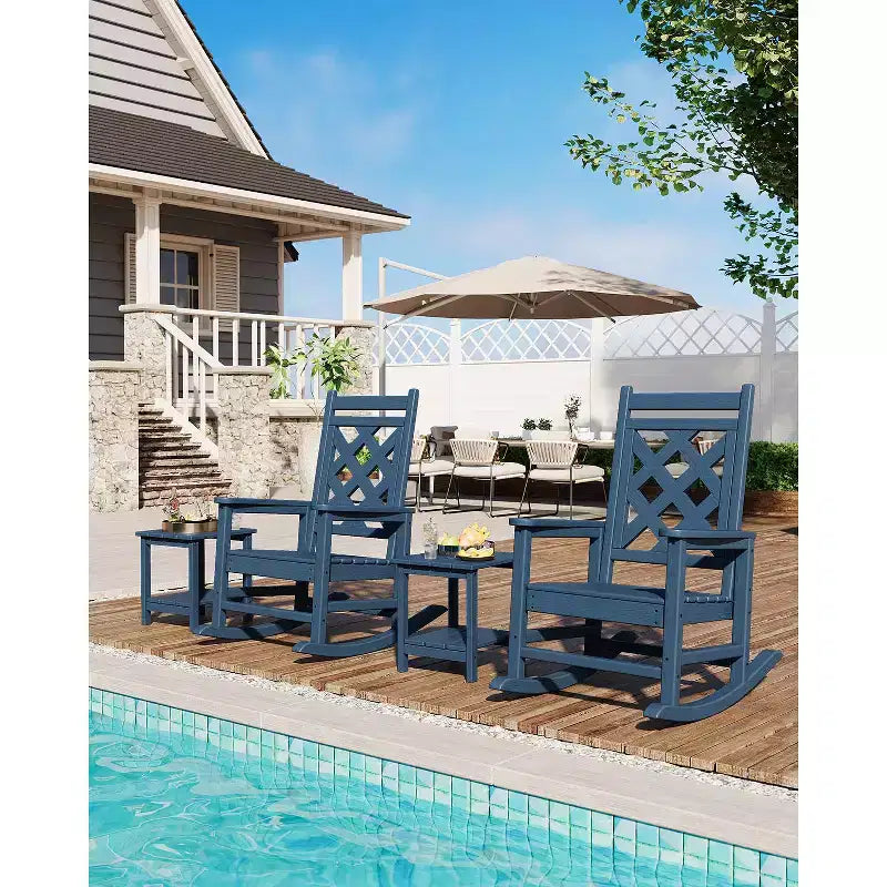 Sedia a dondolo da esterno, sedia a dondolo per patio in HDPE resistente alle intemperie con texture effetto legno e capacità di carico di 172 kg per ponte, piscina, cortile, nera