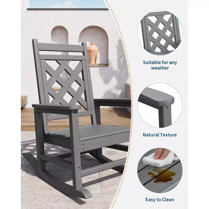 Sedia a dondolo da esterno, sedia a dondolo per patio in HDPE resistente alle intemperie con texture effetto legno e capacità di carico di 172 kg per ponte, piscina, cortile, nera