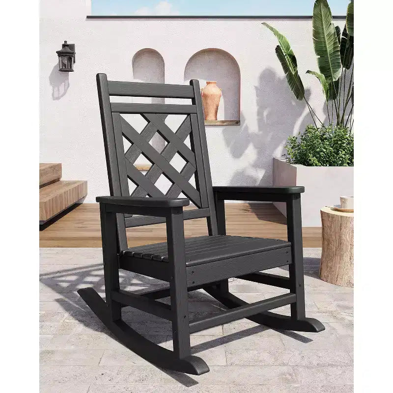 Sedia a dondolo da esterno, sedia a dondolo per patio in HDPE resistente alle intemperie con texture effetto legno e capacità di carico di 172 kg per ponte, piscina, cortile, nera