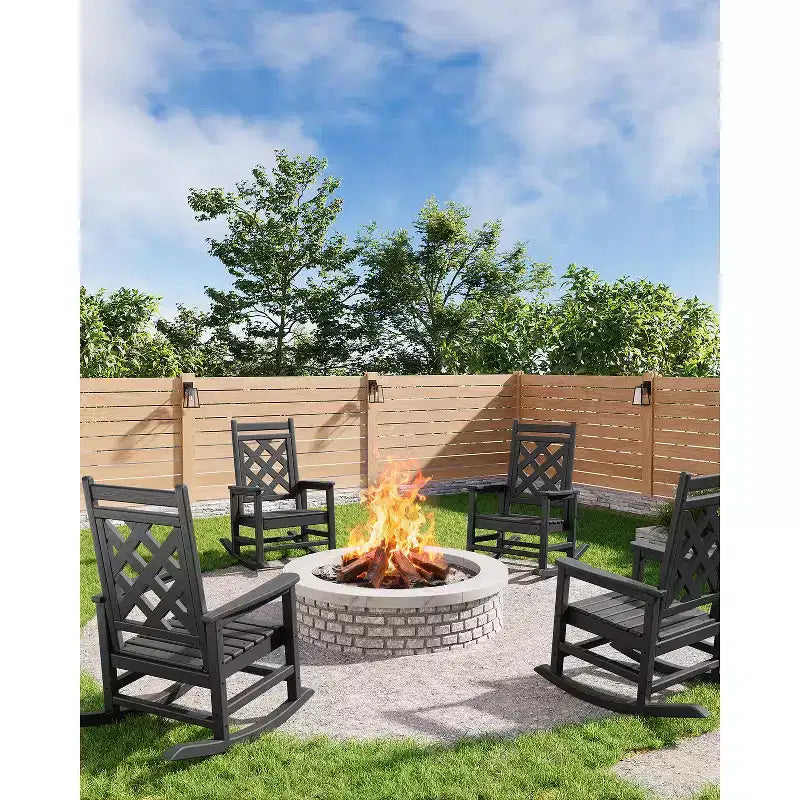 Sedia a dondolo da esterno, sedia a dondolo per patio in HDPE resistente alle intemperie con texture effetto legno e capacità di carico di 172 kg per ponte, piscina, cortile, nera
