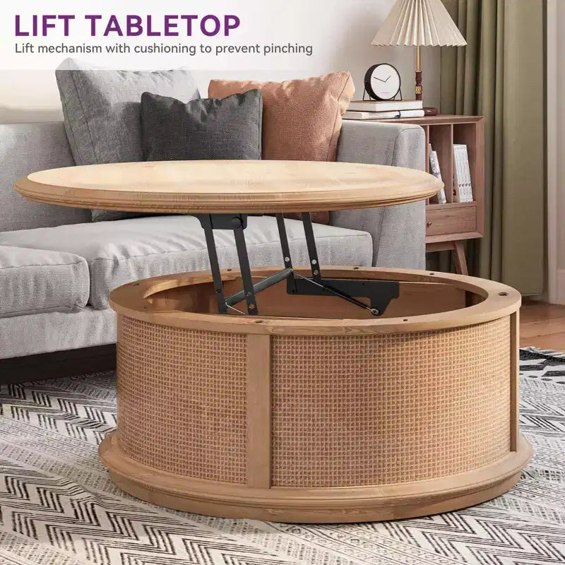 Tavolino da caffè/comodino/tavolino rotondo in rattan con coperchio sollevabile e spazio contenitore per soggiorno
