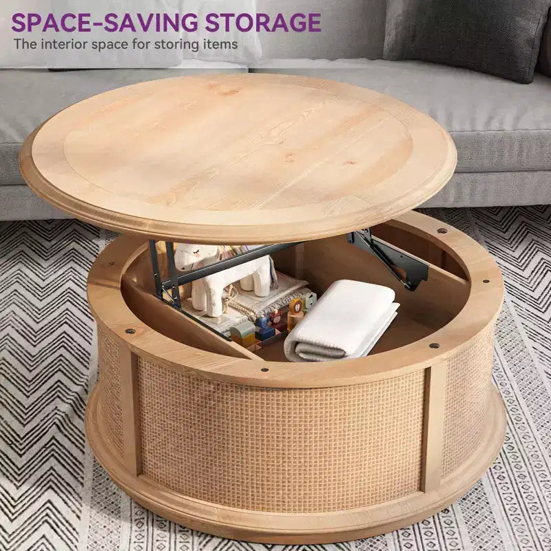 Tavolino da caffè/comodino/tavolino rotondo in rattan con coperchio sollevabile e spazio contenitore per soggiorno