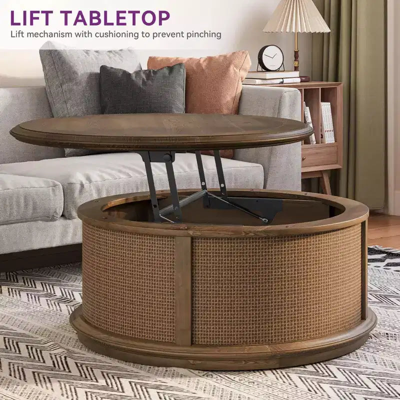 Tavolino da caffè/comodino/tavolino rotondo in rattan con coperchio sollevabile e spazio contenitore per soggiorno