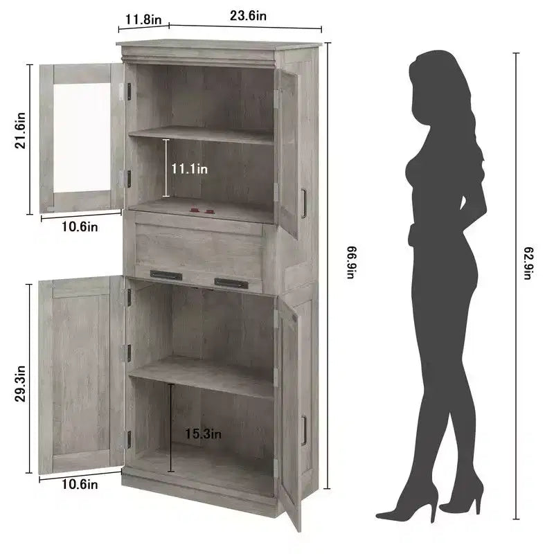 Coolmee Mobile Alto da Bagno da 170 cm con 4 Ante e Cassetto a Scomparsa in Vetro, Mobile Contenitore con Ripiani Regolabili, Organizzatore Autoportante per la Casa