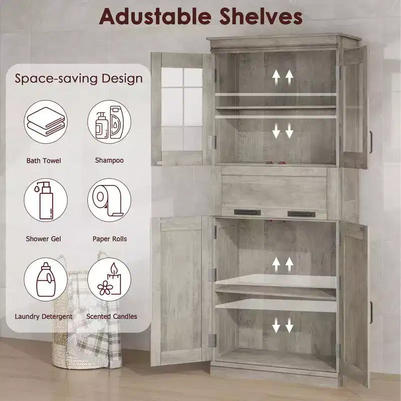 Coolmee Mobile Alto da Bagno da 170 cm con 4 Ante e Cassetto a Scomparsa in Vetro, Mobile Contenitore con Ripiani Regolabili, Organizzatore Autoportante per la Casa