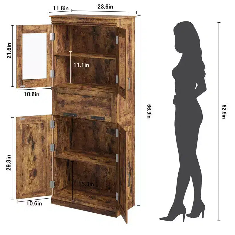Coolmee Mobile Alto da Bagno da 170 cm con 4 Ante e Cassetto a Scomparsa in Vetro, Mobile Contenitore con Ripiani Regolabili, Organizzatore Autoportante per la Casa