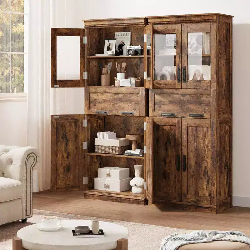 Coolmee Mobile Alto da Bagno da 170 cm con 4 Ante e Cassetto a Scomparsa in Vetro, Mobile Contenitore con Ripiani Regolabili, Organizzatore Autoportante per la Casa
