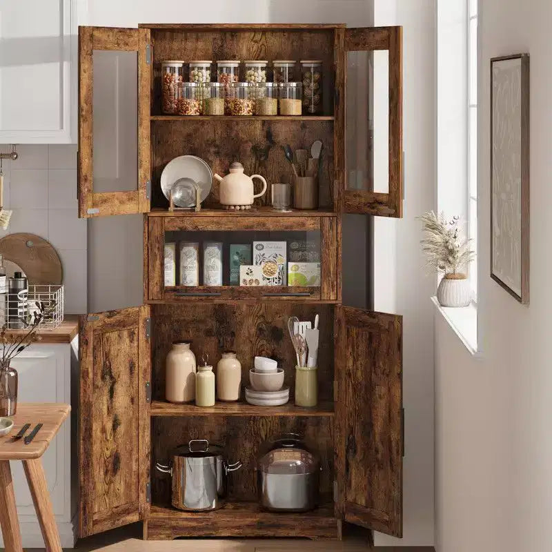 Coolmee Mobile Alto da Bagno da 170 cm con 4 Ante e Cassetto a Scomparsa in Vetro, Mobile Contenitore con Ripiani Regolabili, Organizzatore Autoportante per la Casa