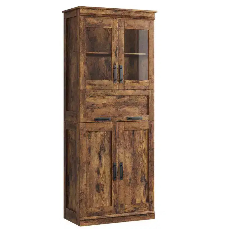 Coolmee Mobile Alto da Bagno da 170 cm con 4 Ante e Cassetto a Scomparsa in Vetro, Mobile Contenitore con Ripiani Regolabili, Organizzatore Autoportante per la Casa