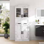 Coolmee Mobile Alto da Bagno da 170 cm con 4 Ante e Cassetto a Scomparsa in Vetro, Mobile Contenitore con Ripiani Regolabili, Organizzatore Autoportante per la Casa