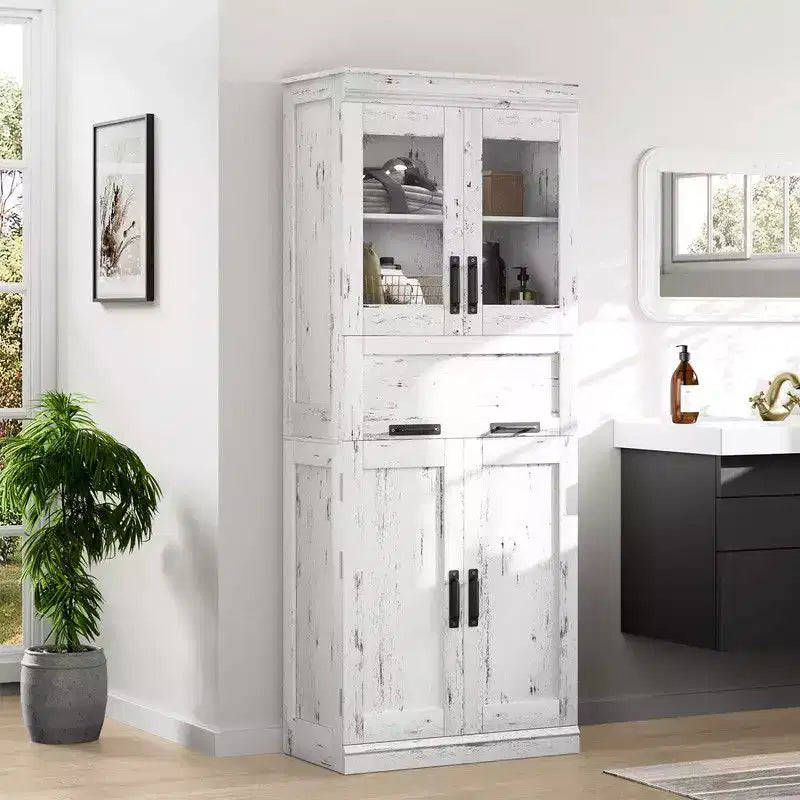 Coolmee Mobile Alto da Bagno da 170 cm con 4 Ante e Cassetto a Scomparsa in Vetro, Mobile Contenitore con Ripiani Regolabili, Organizzatore Autoportante per la Casa