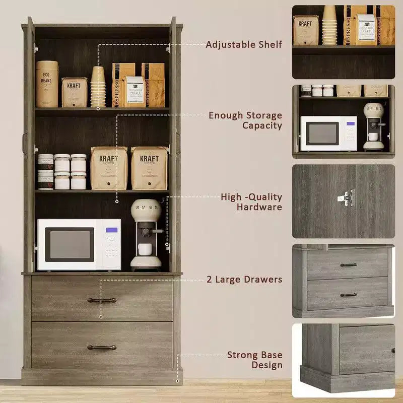 Coolmee Mobile dispensa da cucina con ante scorrevoli alla rustica, cassetto e 2 ripiani regolabili, Credenza alta indipendente con porta microonde