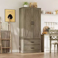 Coolmee Kitchen Pantry Storage Cabinet with Barn Doors, Drawer, and 2 Adjustable Shelves, Freestanding Tall Hutch with Microwave Stand