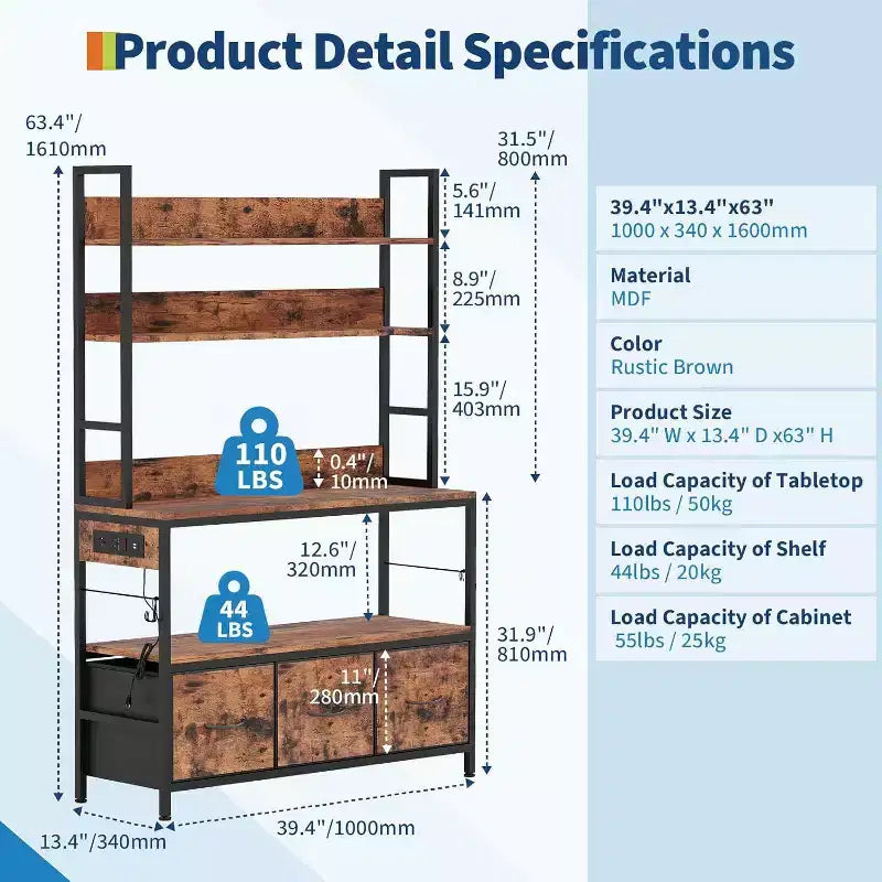Carrello da Cucina Rustico Industriale con Ripiani in Legno e Cassetti Contenitori, Organizer Multifunzione per Elettrodomestici per Piccoli Spazi