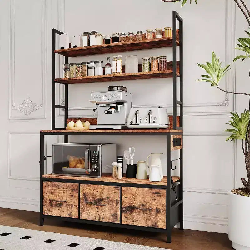 Carrello da Cucina Rustico Industriale con Ripiani in Legno e Cassetti Contenitori, Organizer Multifunzione per Elettrodomestici per Piccoli Spazi