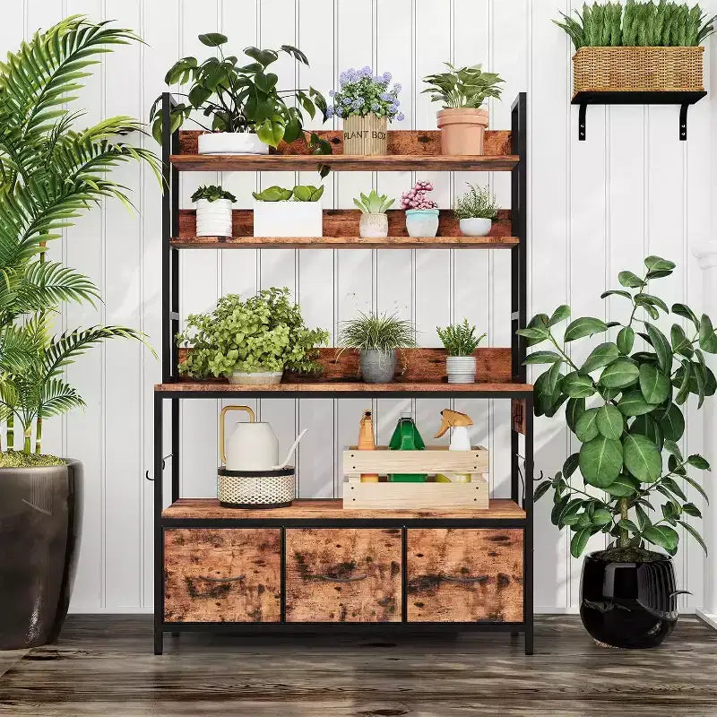 Carrello da Cucina Rustico Industriale con Ripiani in Legno e Cassetti Contenitori, Organizer Multifunzione per Elettrodomestici per Piccoli Spazi