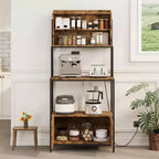 Rustic Industrial Kitchen Cart with Wood Shelves and Storage Cabinet, Multifunctional Appliance Organizer for Small Spaces