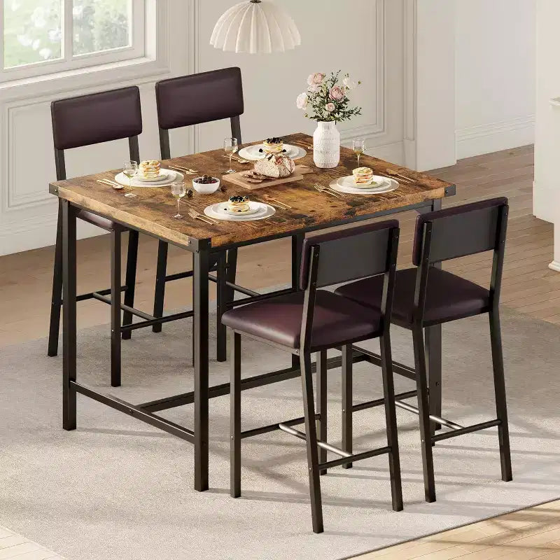 COZONY Set Tavolo da Pranzo 5 Pezzi con Tavolo a Altezza Bancone e 4 Sgabelli da Bar Imbottiti, Poggiapiedi e Protezione Angolare