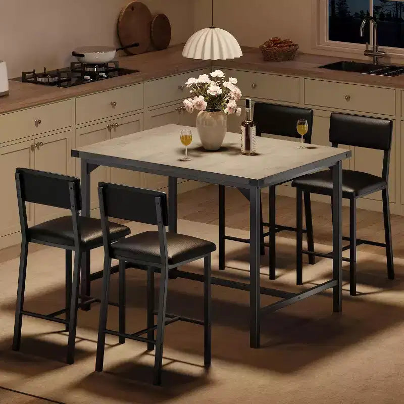 COZONY Set Tavolo da Pranzo 5 Pezzi con Tavolo a Altezza Bancone e 4 Sgabelli da Bar Imbottiti, Poggiapiedi e Protezione Angolare