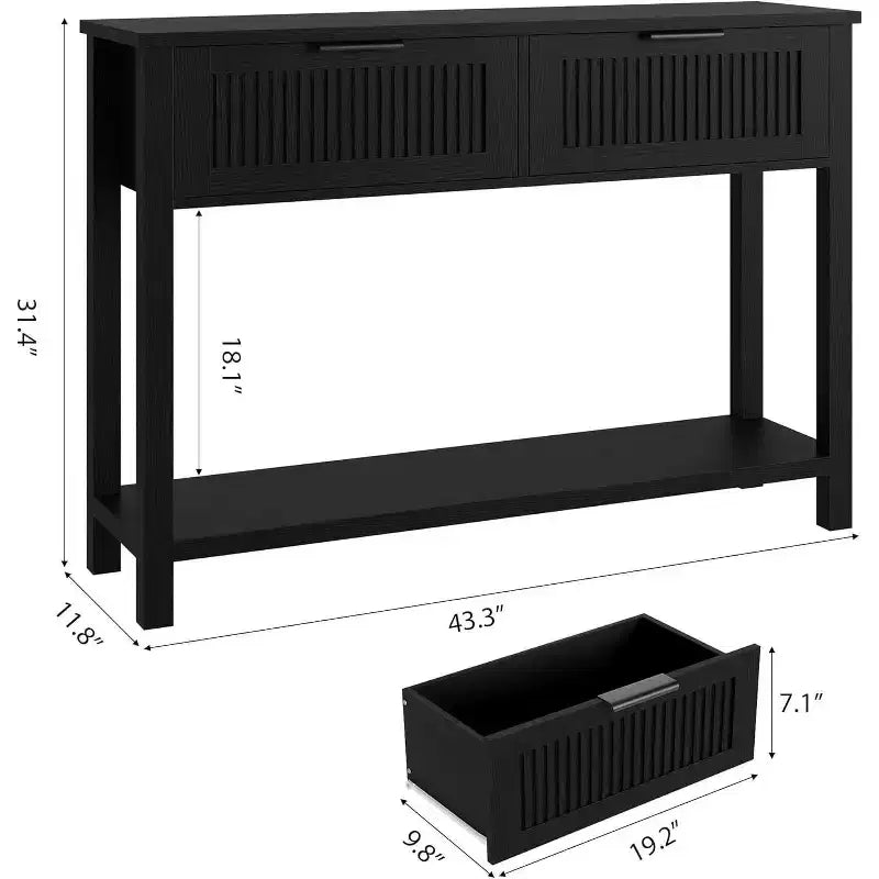 Consolle con scanalature e due cassetti, Tavolo d'accento per ingresso, Tavolo da divano in legno per soggiorno, atrio e corridoio, Espositore contenitore