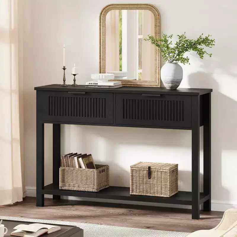 Fluted Console Table with Two Drawers, Entryway Accent Table, Wooden Sofa Table for Living Room, Foyer and Hallway, Storage Display