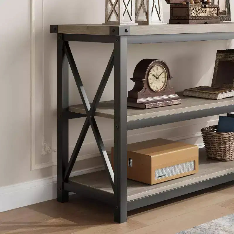 Tavolo consolle industriale da 47 pollici con 3 ripiani portaoggetti, tavolo d'ingresso lungo rettangolare, tavolino da divano per corridoio, soggiorno, camera da letto