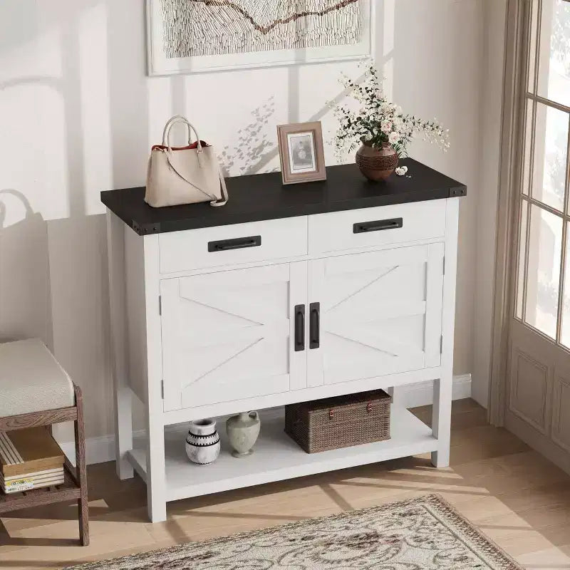 Consolle Rustica con Mobile Contenitore, 2 Ante e 2 Cassetti, Tavolo Buffet Multifunzionale per Ingresso, Cucina, Soggiorno