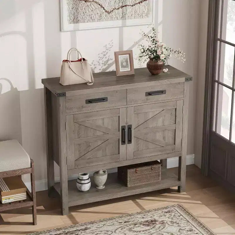Consolle Rustica con Mobile Contenitore, 2 Ante e 2 Cassetti, Tavolo Buffet Multifunzionale per Ingresso, Cucina, Soggiorno