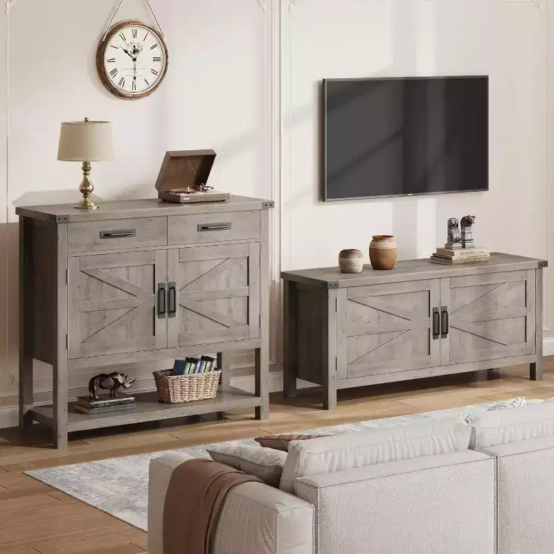 Consolle Rustica con Mobile Contenitore, 2 Ante e 2 Cassetti, Tavolo Buffet Multifunzionale per Ingresso, Cucina, Soggiorno