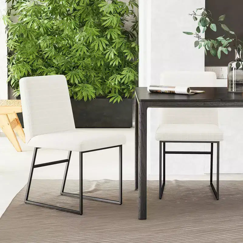 Dyonery Dining Chairs with Backrest, Linen Upholstered Metal Frame Chairs for Kitchen & Dining Room, Cream White