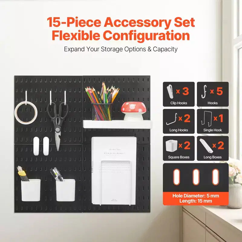 Kit combinato di pannelli forati VEVOR, pannello forato in plastica 11 x 11, 4 pannelli, kit organizer da parete con accessori, nero