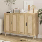 CuisinSmart Mobile Buffet in Rattan, Mobile Contenitore Boho, Mobile Bar con 4 Ante e Presa di Corrente per Cucina, Sala da Pranzo, Soggiorno
