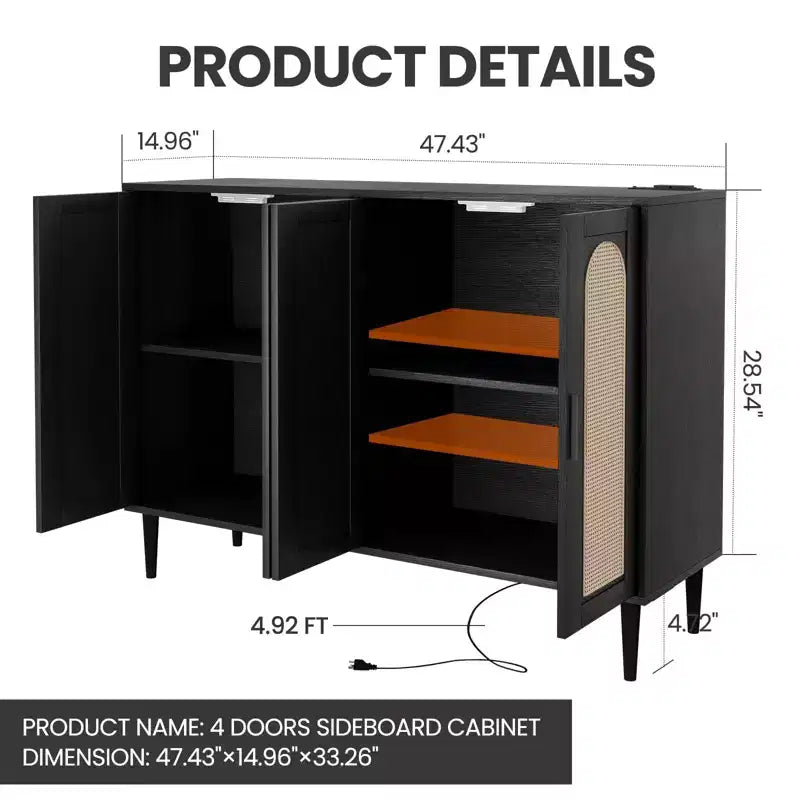 CuisinSmart Mobile Buffet in Rattan, Mobile Contenitore Boho, Mobile Bar con 4 Ante e Presa di Corrente per Cucina, Sala da Pranzo, Soggiorno