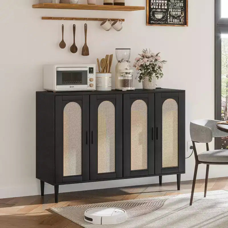 CuisinSmart Rattan Sideboard Buffet Cabinet, Boho Storage Cabinet, 4 Doors Coffee Bar with Power Outlet for Kitchen Dining Room Living Room