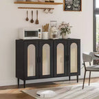 CuisinSmart Rattan Sideboard Buffet Cabinet, Boho Storage Cabinet, 4 Doors Coffee Bar with Power Outlet for Kitchen Dining Room Living Room