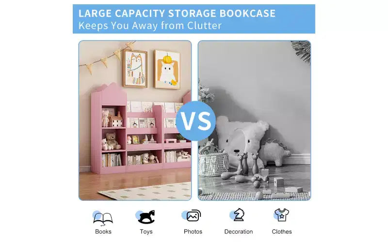 Zevemomo Scaffale per Libri e Giocattoli a 4 Livelli per Bambini, Scaffale per Libri per Bambini in Legno, Contenitore per Giocattoli con Scaffale per Libri per Sala Giochi, Aula, Camera da Letto, Biblioteca, Rosa