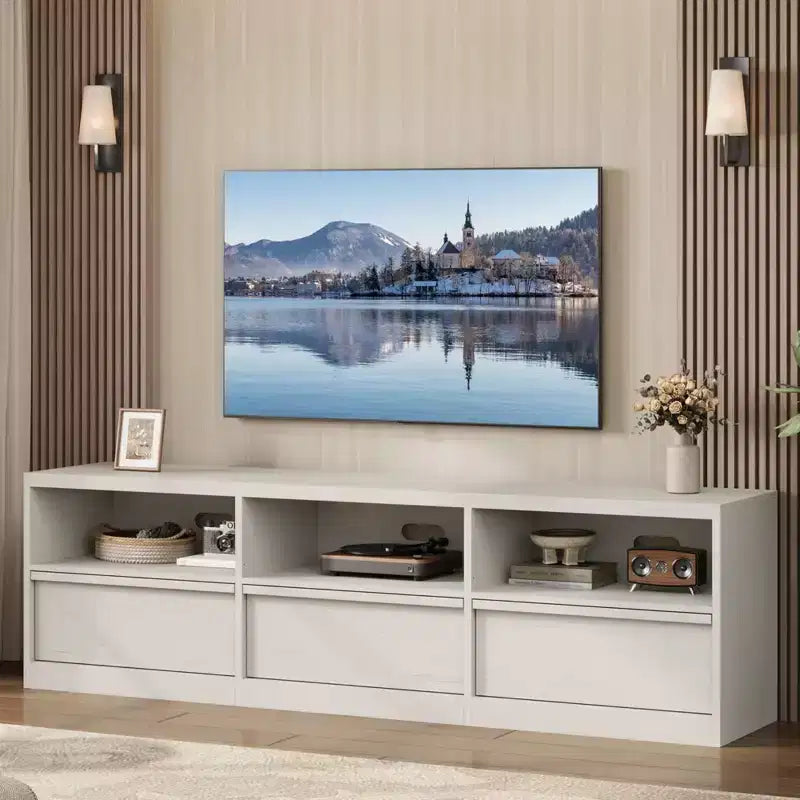 Mobile TV da 70 pollici per televisori da 80 pollici, Centro di Intrattenimento Moderno di Metà Secolo con Cassetto Contenitore e Ripiani Aperti, Mobile Console Media in Legno per Soggiorno