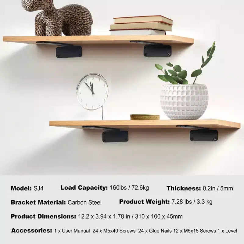 VEVOR Staffa per mensola, 12L x 4W x 1.6H 6 Pezzi, Staffe per mensole galleggianti resistenti, Staffe per mensole, Staffa a L per mensola spessa 5 mm nera opaca, Nera