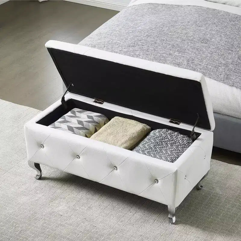 EHMKNP Panca Pouf Contenitore Rivestita in Ecopelle Bianca con Bottoni di Cristallo, Poggiapiedi Rettangolare per Camera da Letto, Soggiorno, Ingresso