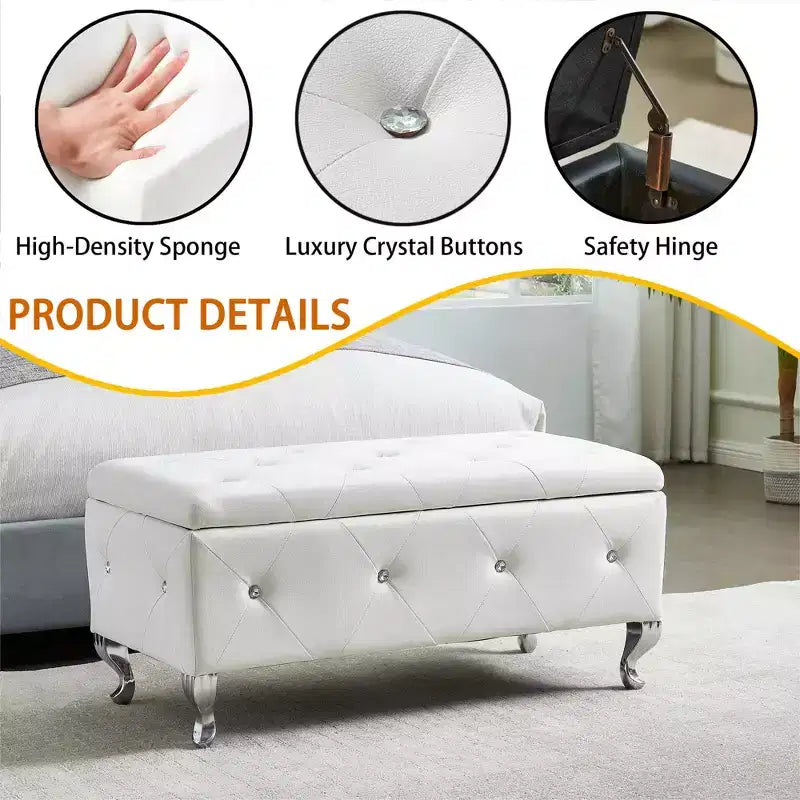 EHMKNP Panca Pouf Contenitore Rivestita in Ecopelle Bianca con Bottoni di Cristallo, Poggiapiedi Rettangolare per Camera da Letto, Soggiorno, Ingresso