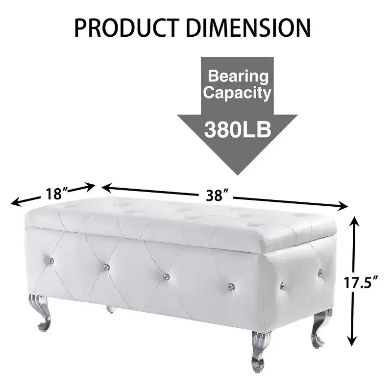 EHMKNP Panca Pouf Contenitore Rivestita in Ecopelle Bianca con Bottoni di Cristallo, Poggiapiedi Rettangolare per Camera da Letto, Soggiorno, Ingresso