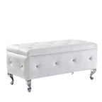 EHMKNP Panca Pouf Contenitore Rivestita in Ecopelle Bianca con Bottoni di Cristallo, Poggiapiedi Rettangolare per Camera da Letto, Soggiorno, Ingresso