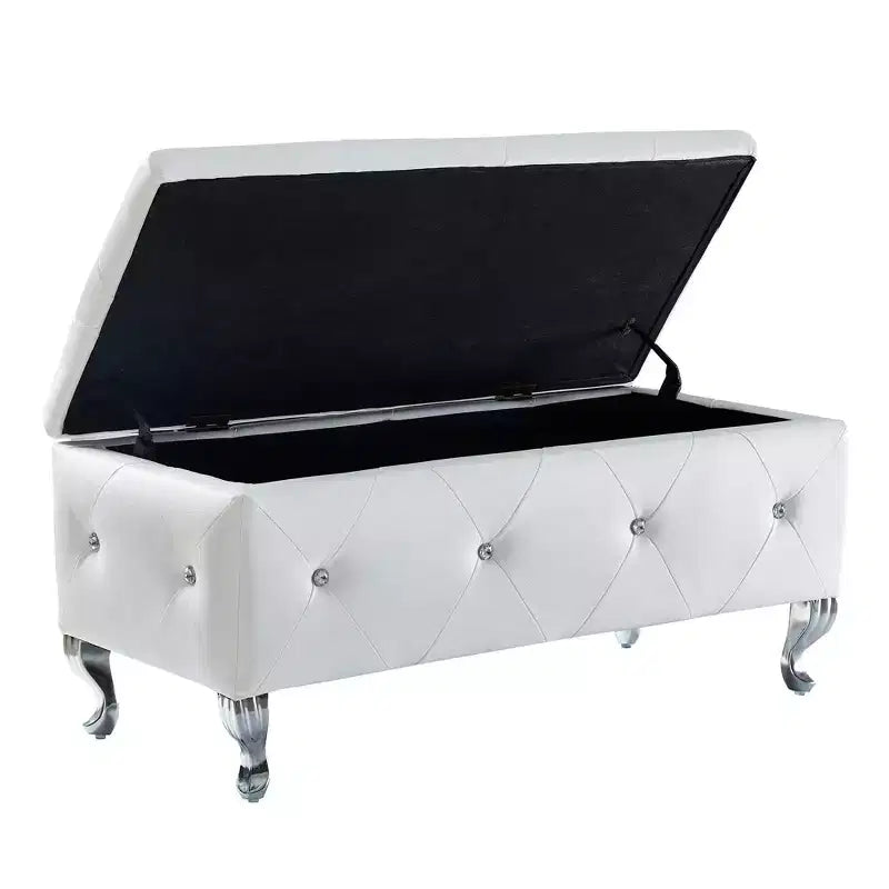 EHMKNP Panca Pouf Contenitore Rivestita in Ecopelle Bianca con Bottoni di Cristallo, Poggiapiedi Rettangolare per Camera da Letto, Soggiorno, Ingresso